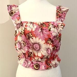 Floral Ruffle Sleeve Top - Pink and Brown